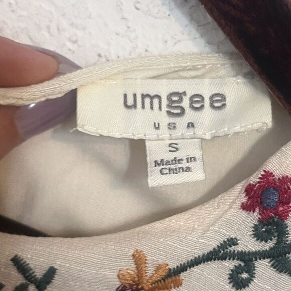 Umgee Boho Mini Dress Ivory Floral Embroidered Peasant 3/4 Bell Sleeves Size S - Picture 7 of 10